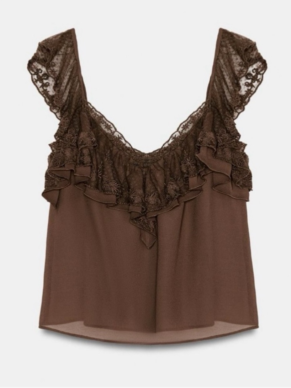 Zara Brown Ruffled Embroidered Top. Size XXL.